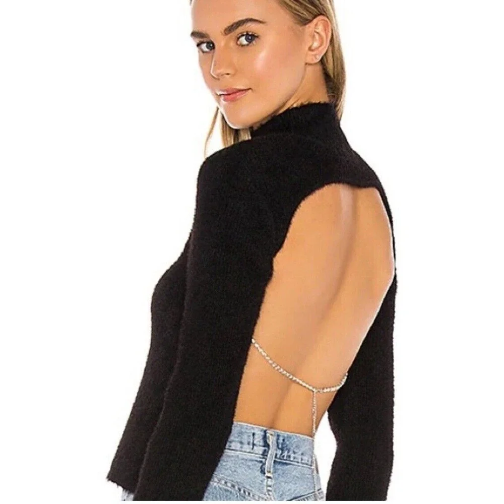 H:our Revolve Mock Neck Open Back Black Sweater With Rhinestone Chain‎ Size XS